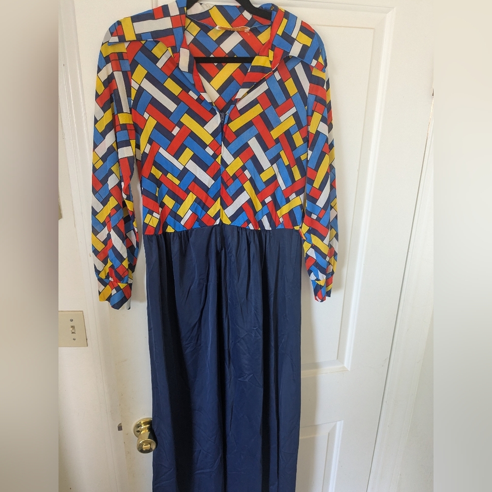 Vintage Sears “At Home Wear” Geometric Print Maxi Dress – 1960s/1970s
